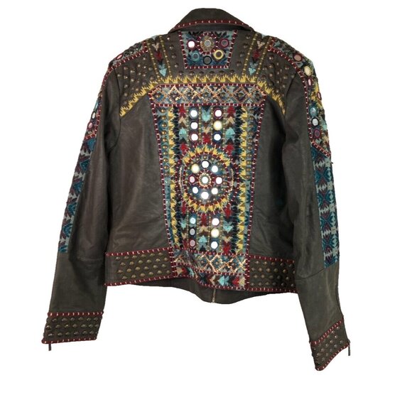 $1295 XL  Double D Ranch Abenaki Zip Biker Bomber Jacket Embroidery Mirrors - Picture 2 of 6